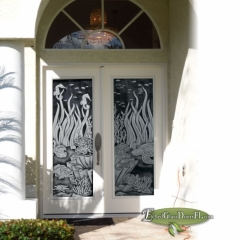 Doggie Diver on white double doors
