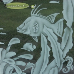 Etched hogfish and seahorse on glass door insert