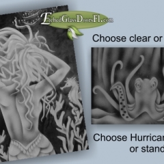 Mermaid etched on hurricane rated clear glass doors