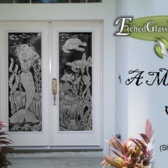 Mermaid etched on hurricane rated glass doors