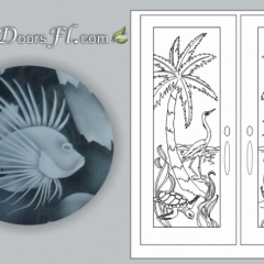 glass door design etched with Turtle and lionfish with arched palms and egrets