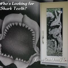 glass front door with shark teeth dolphin and turtle