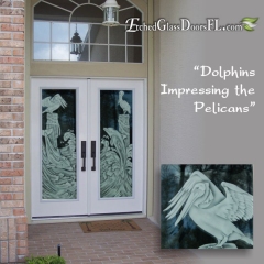 Dolphins-and-pelicans-with-waves-sandblasting-on-glass