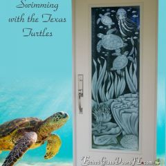 Turtles and coral and seagrass on single hurricane impact glass door