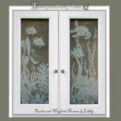 Turtle and hogfish over coral on double entry doors