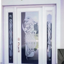 etched glass single door and sidelights with art nouveau design