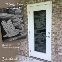 Pelicans-Flying-past-the-Sunset-on-clear-impact-glass