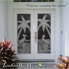 Pelicans-watching-the-waves-with-palm-trees