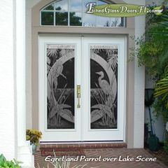 Egret-and-Parrot-over-Lake-Scene-glass-doors