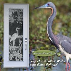 Egret standing in water with palm leafs on glass door