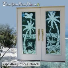 Beach scene with egrets turtles and palm tree and compass rose