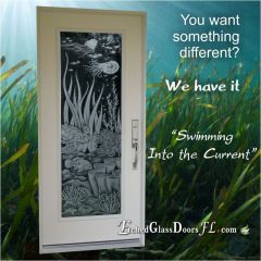 Swimming-into-the-current-glass-door-with-turtles-and-fish-underwater