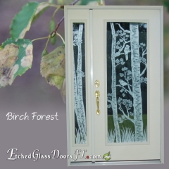 Entry door with trees and birds on branches