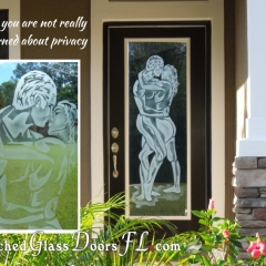 Nude man and woman on glass entry door