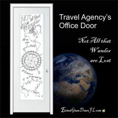 Map and compass on glass interior door