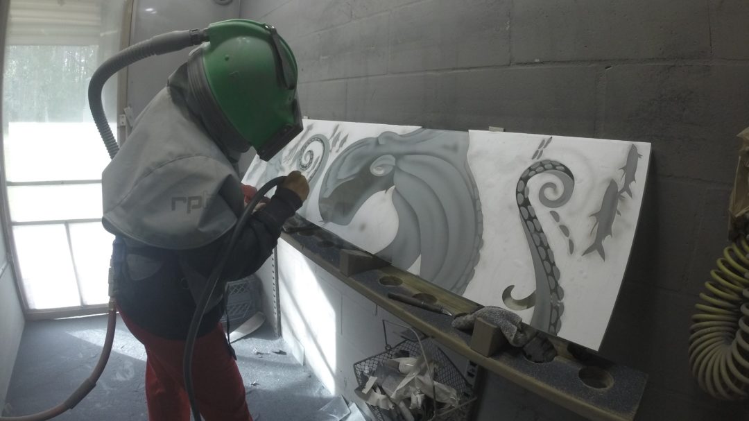 Etching glass panel for boat