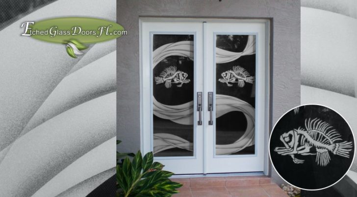 Hurricane Impact etched glass doors with fish