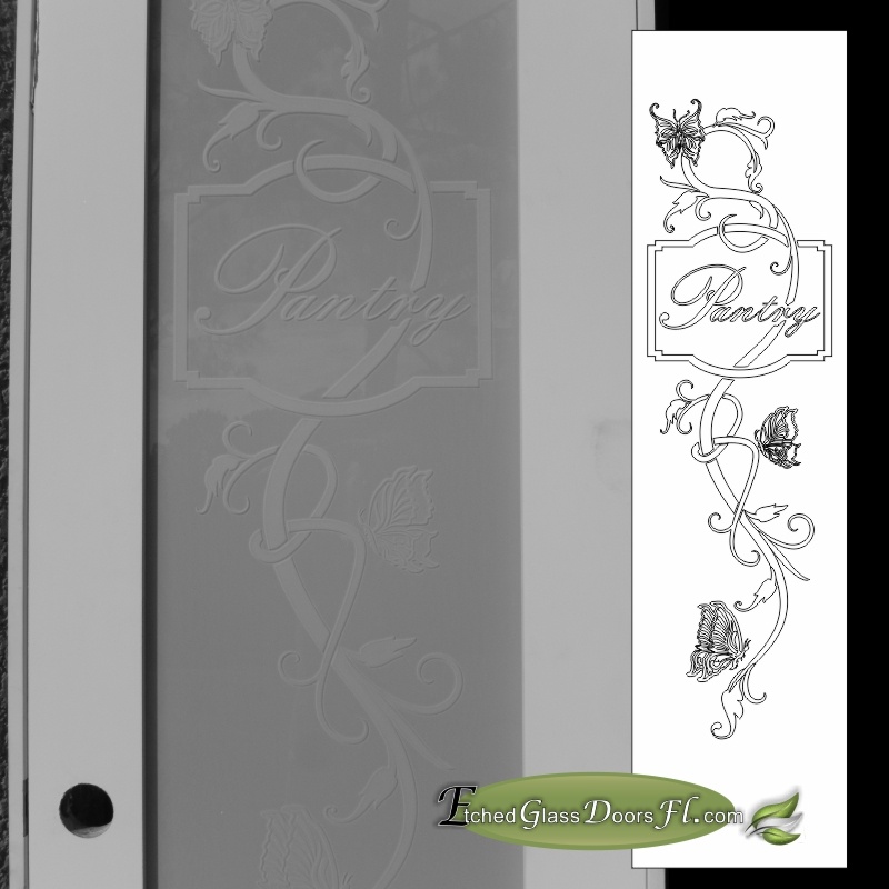 Glass Pantry doors with etched butterfly design