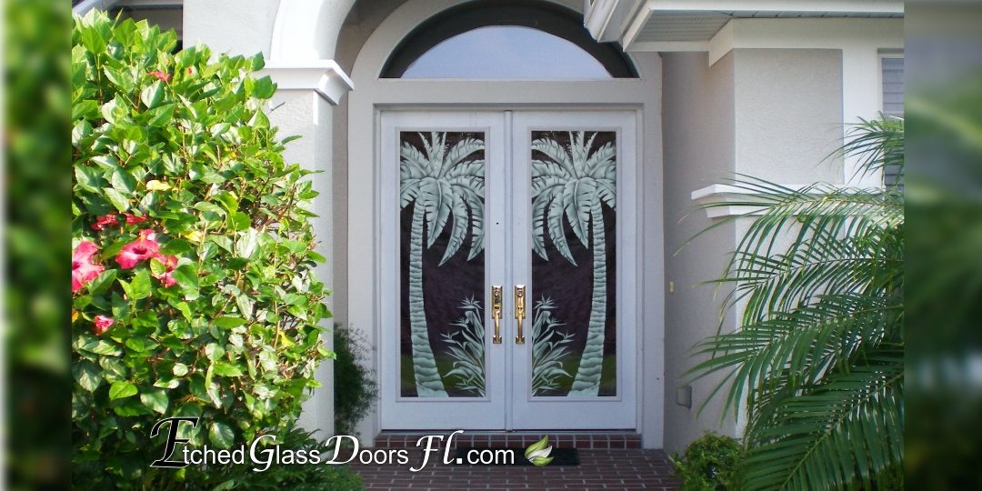 etched glass for doors with palm trees