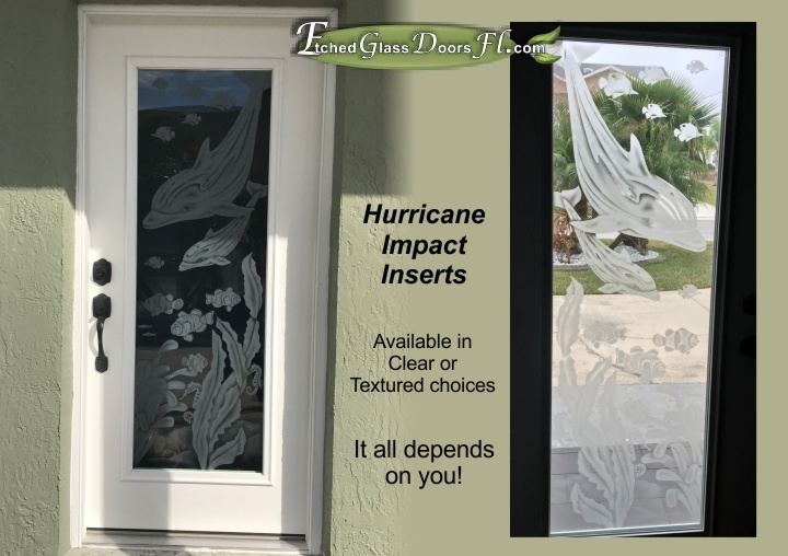 Sandblasted or etched Hurricane Impact Glass door insert with etched dolphins