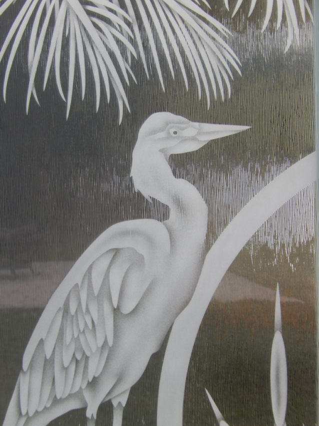 custom etched egret on privacy hurricane impact door insert