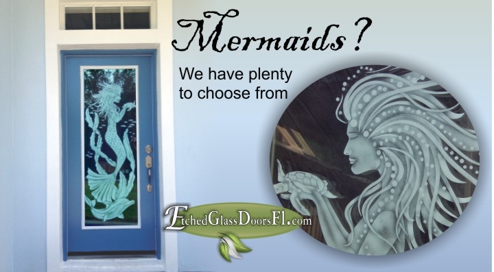 etched mermaid holding a turtle on single front entry door glass panel