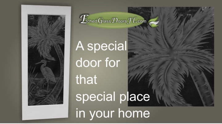 Barn Door with Custom Glass Etching with frosted egret and palm tree design