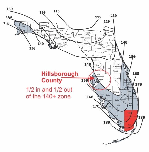 Hillsborough county and Florida wind speed map