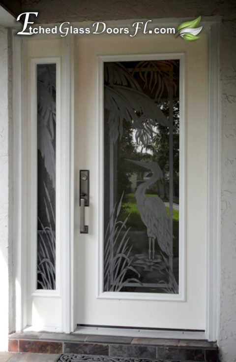 Hurricane impact etched glass door insert with egret