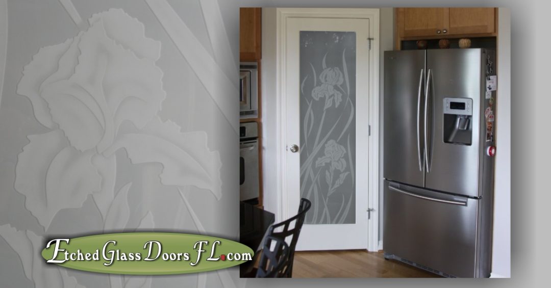 glass pantry door with iris design