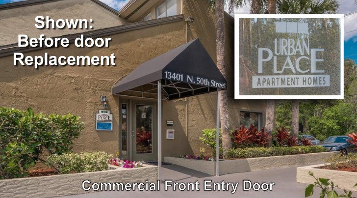 Commercial front entry door with etched logo on glass insert