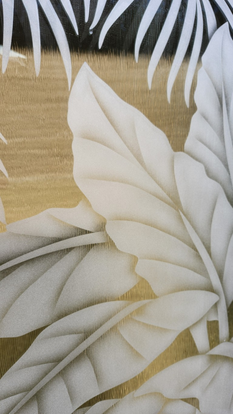 Privacy impact glass door insert with palm leafs on streamed glass