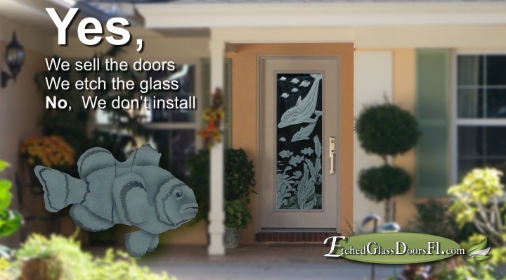 Hurricane impact glass doors with etched dolphins