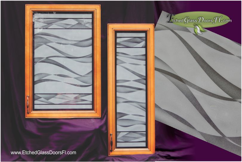 etched cabinet glass with wave pattern