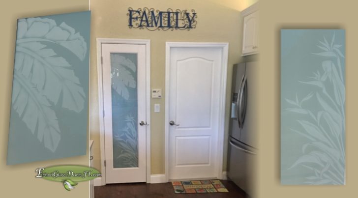 etched glass pantry door with frosted glass and palm leafs