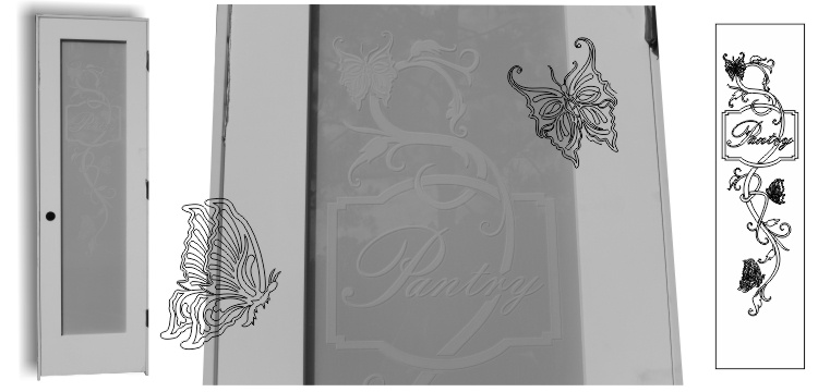 Pantry glass door with frosted glass and etched design with butterflys