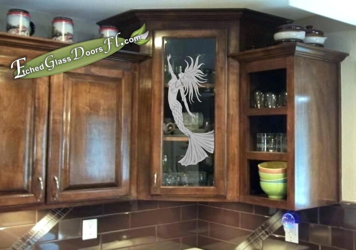 Kitchen Cabinet Glass Door With A Coastal Mermaid Design Etched